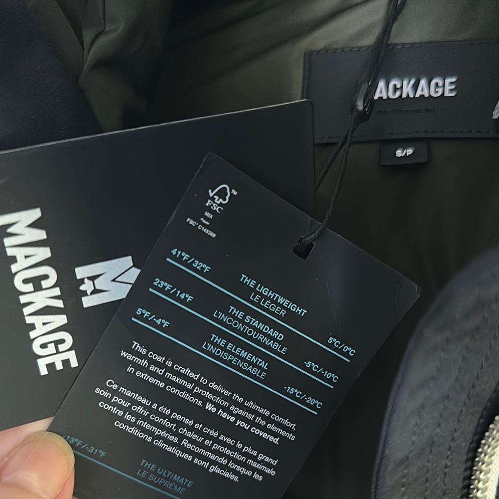 Mackage Inari-o Down Coat Two Tone Puffer Jacket Navy Green Mixed Media Parka - Picture 12 of 17